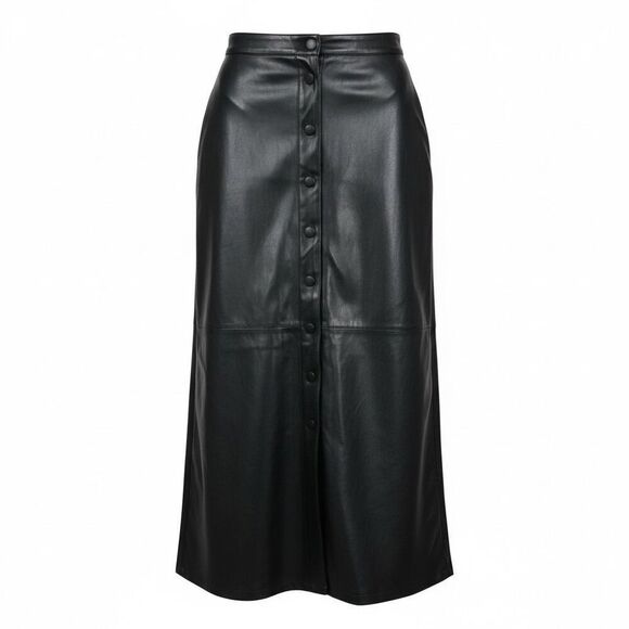 Cinq a Sept 5a7 Veena Button Front Faux Leather Midi A-Line Skirt Black Size 16